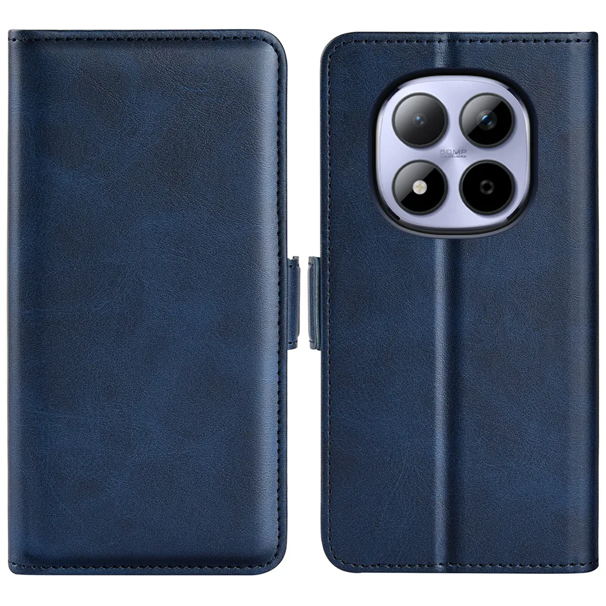 Étui de téléphone rabattable bleu foncé avec découpe pour quadruple caméra.