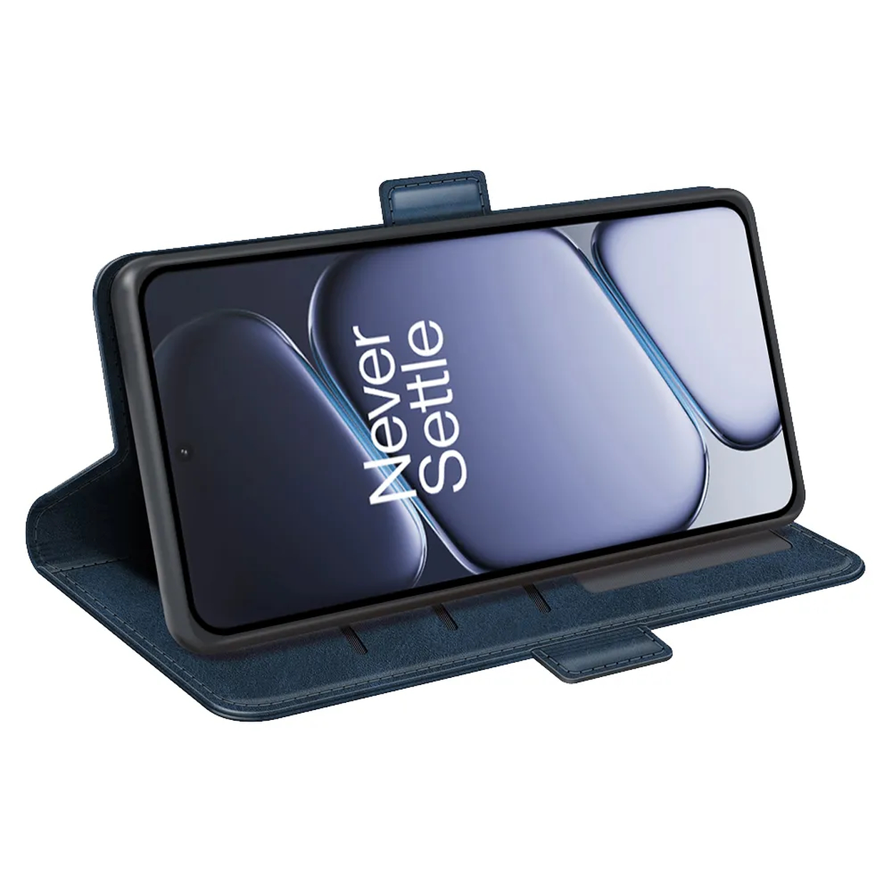 Étui de téléphone bleu marine à rabat avec un avant ouvert montrant l'écran.