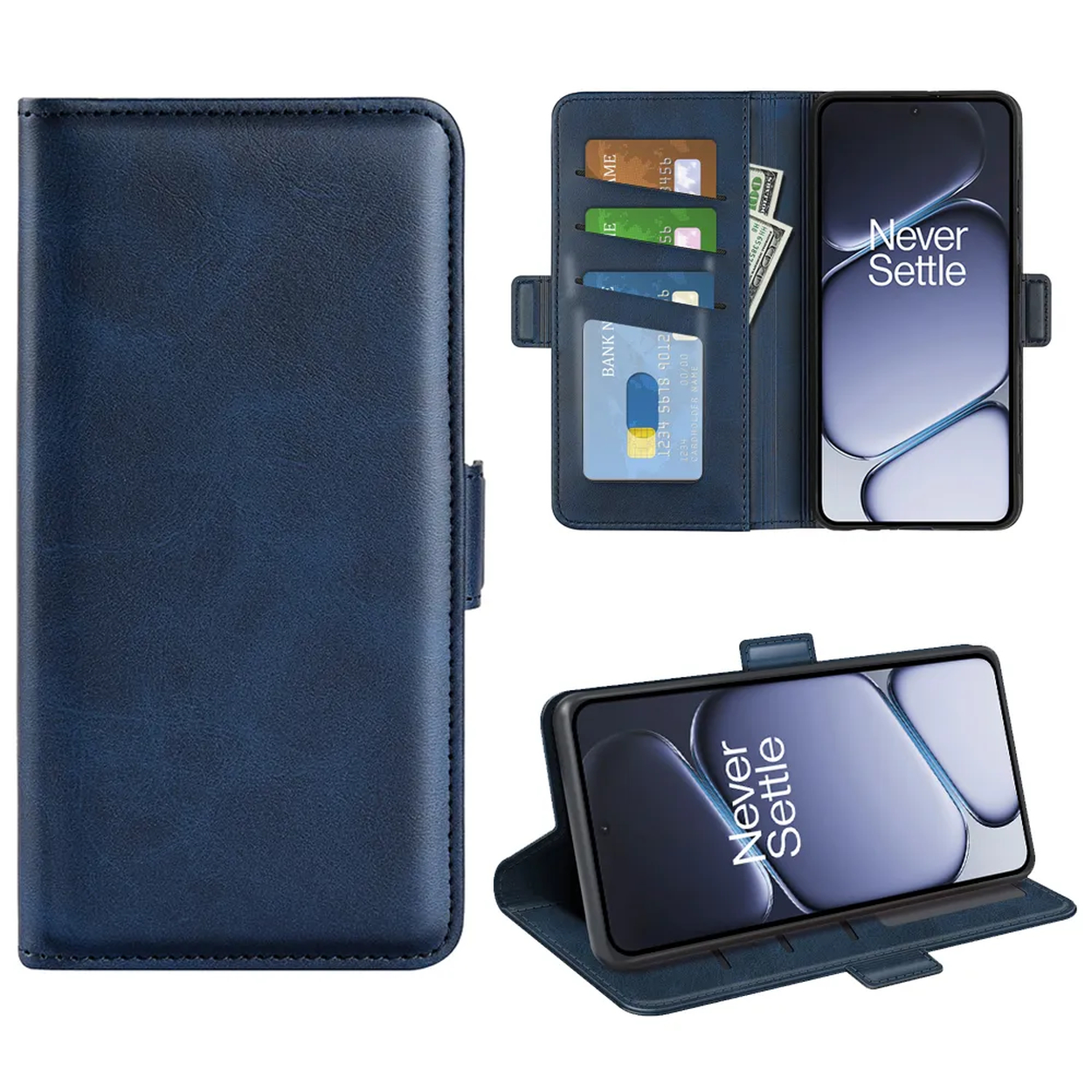 Étui portefeuille en cuir bleu foncé avec téléphone, cartes et argent. Montré fermé et ouvert.