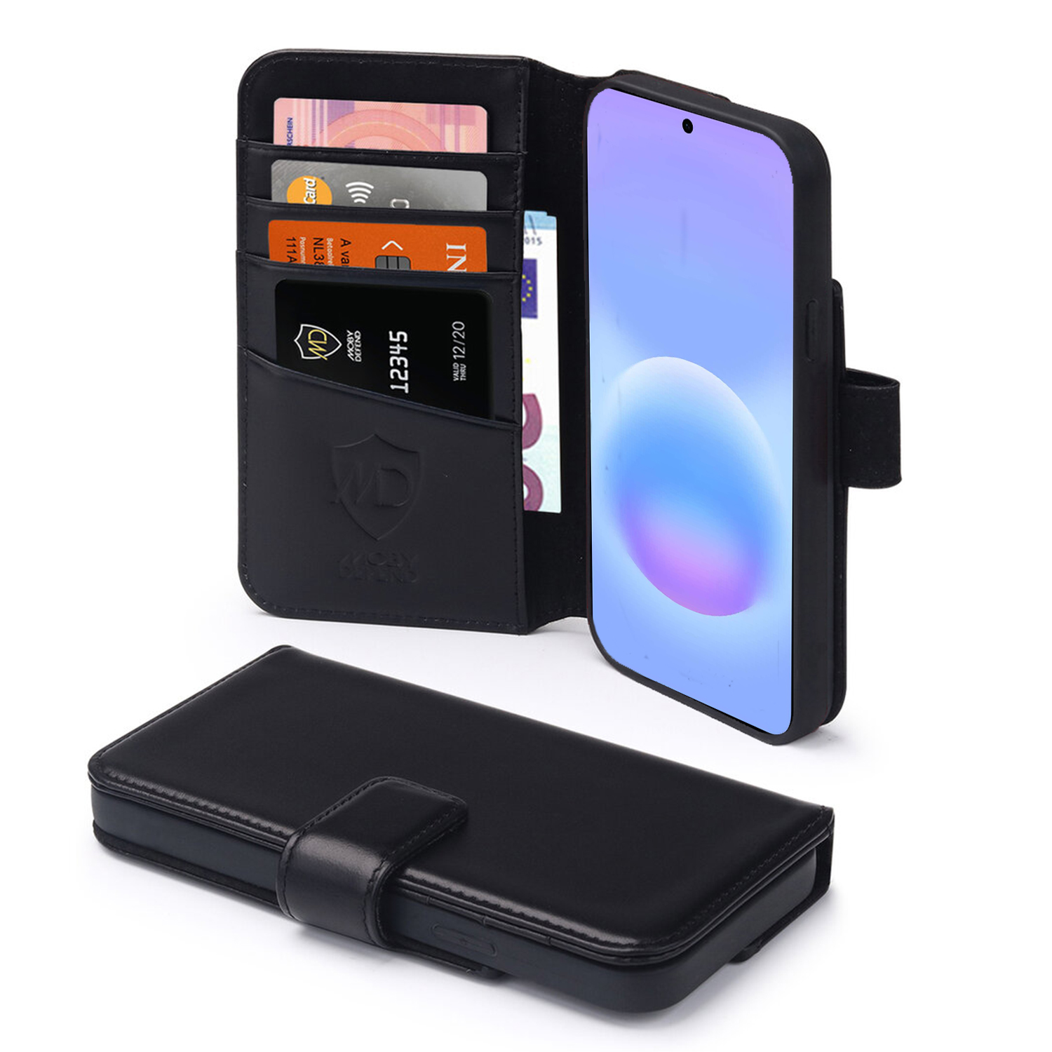 Black leather wallet with phone slot, card slots, and bill compartment.