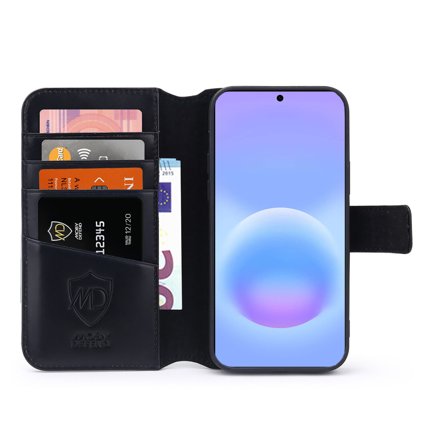 Black wallet case with phone, cards, and banknotes. Features MD logo.