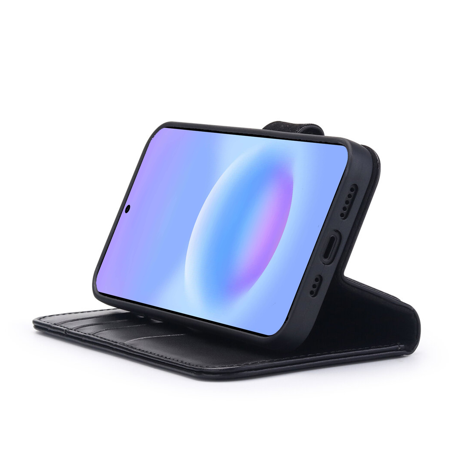 A black smartphone in an open leather flip case with a colorful wallpaper.