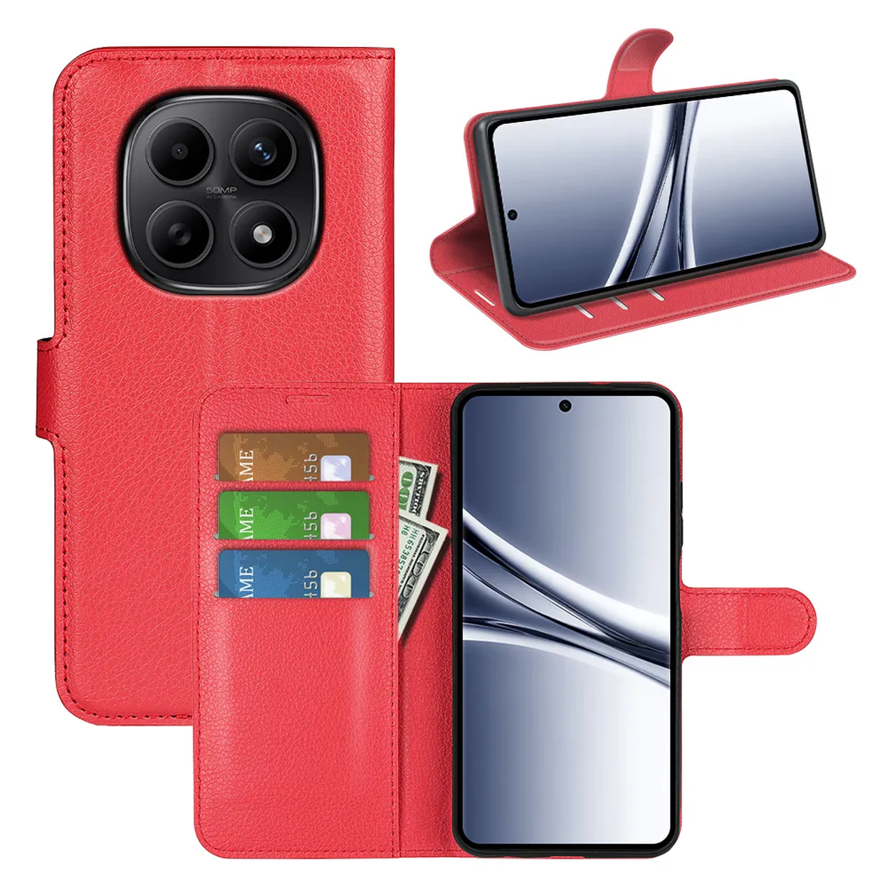 Étui de téléphone rouge avec fentes pour cartes, argent et appareil photo à triple objectif.