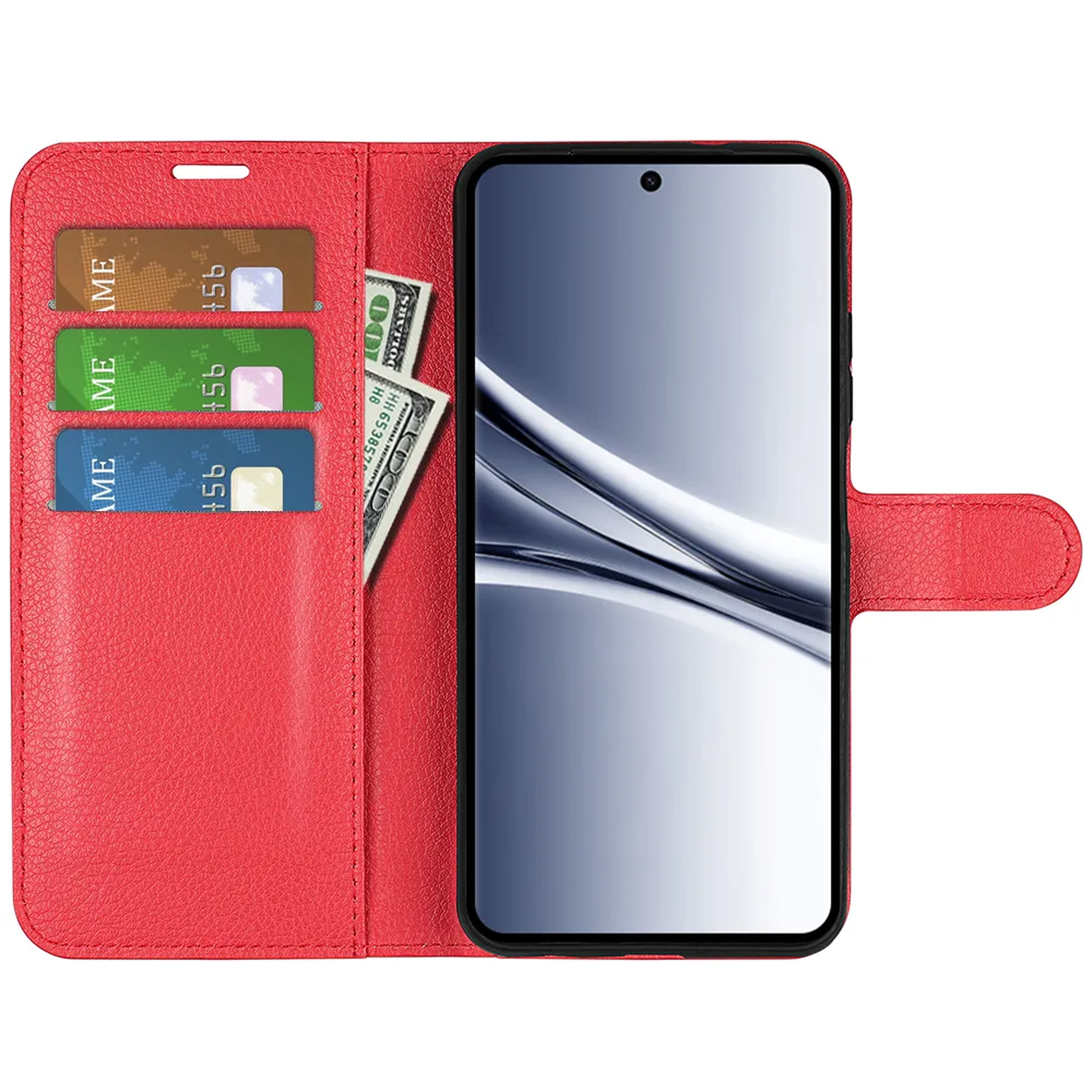Étui rouge pour téléphone avec fentes pour cartes et porte-billets. Ouvert, écran visible.