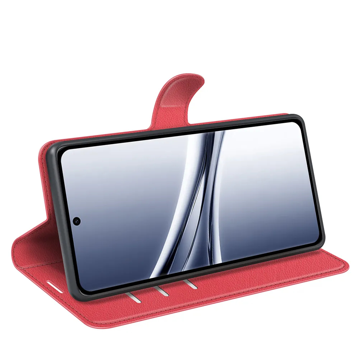 Étui de téléphone rouge style portefeuille, écran ouvert sur fond blanc.