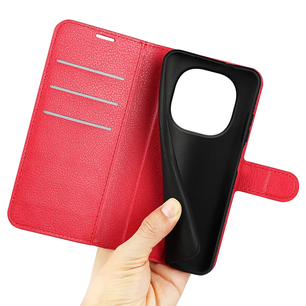 Étui portefeuille en cuir rouge avec support noir pour téléphone.