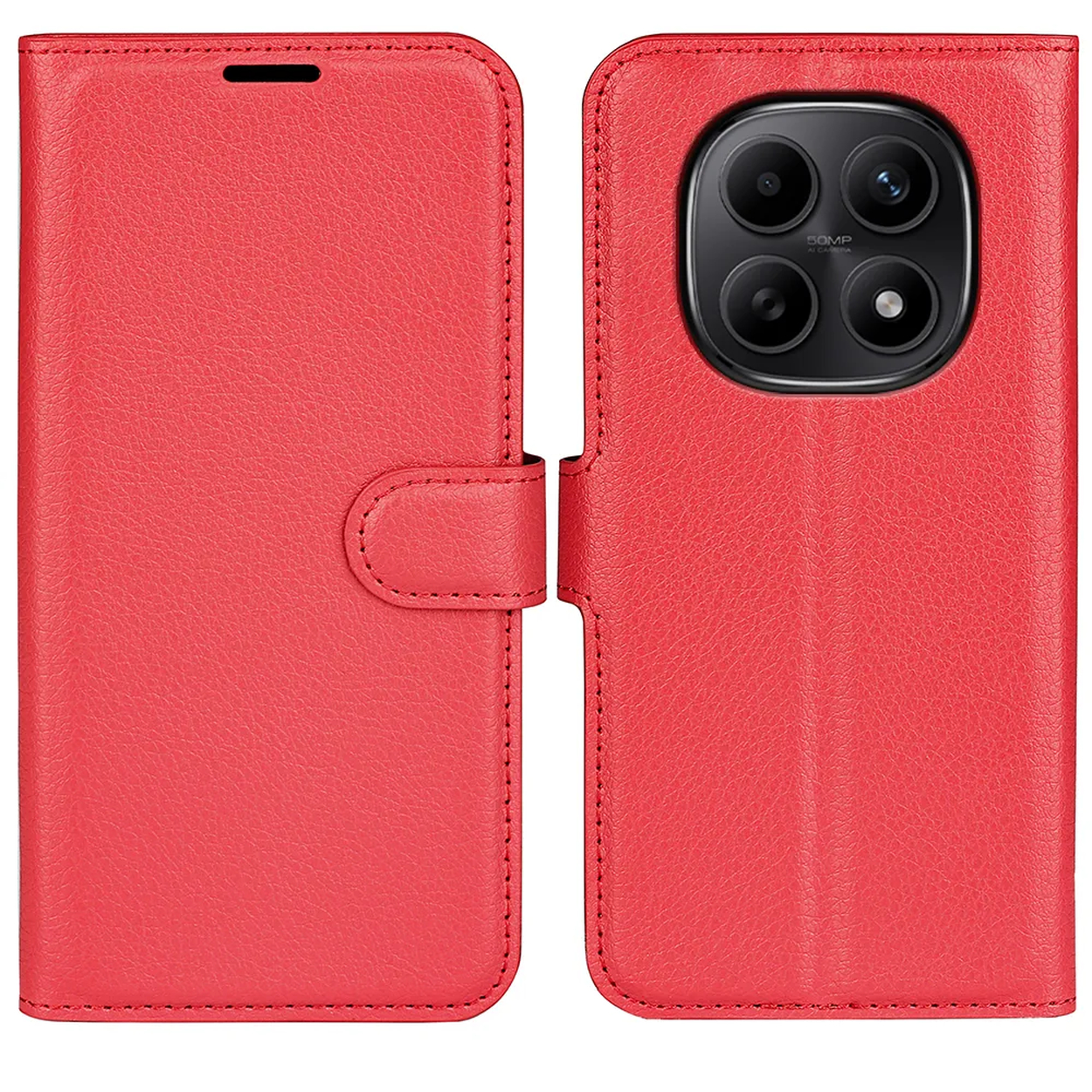 Étui rouge en cuir pour téléphone avec découpe appareil photo. Montré fermé et ouvert.