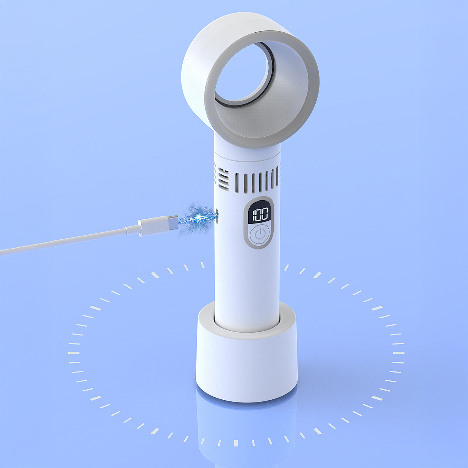 Un ventilatore bianco senza pale si ricarica via USB. Scintille blu indicano la ricarica.