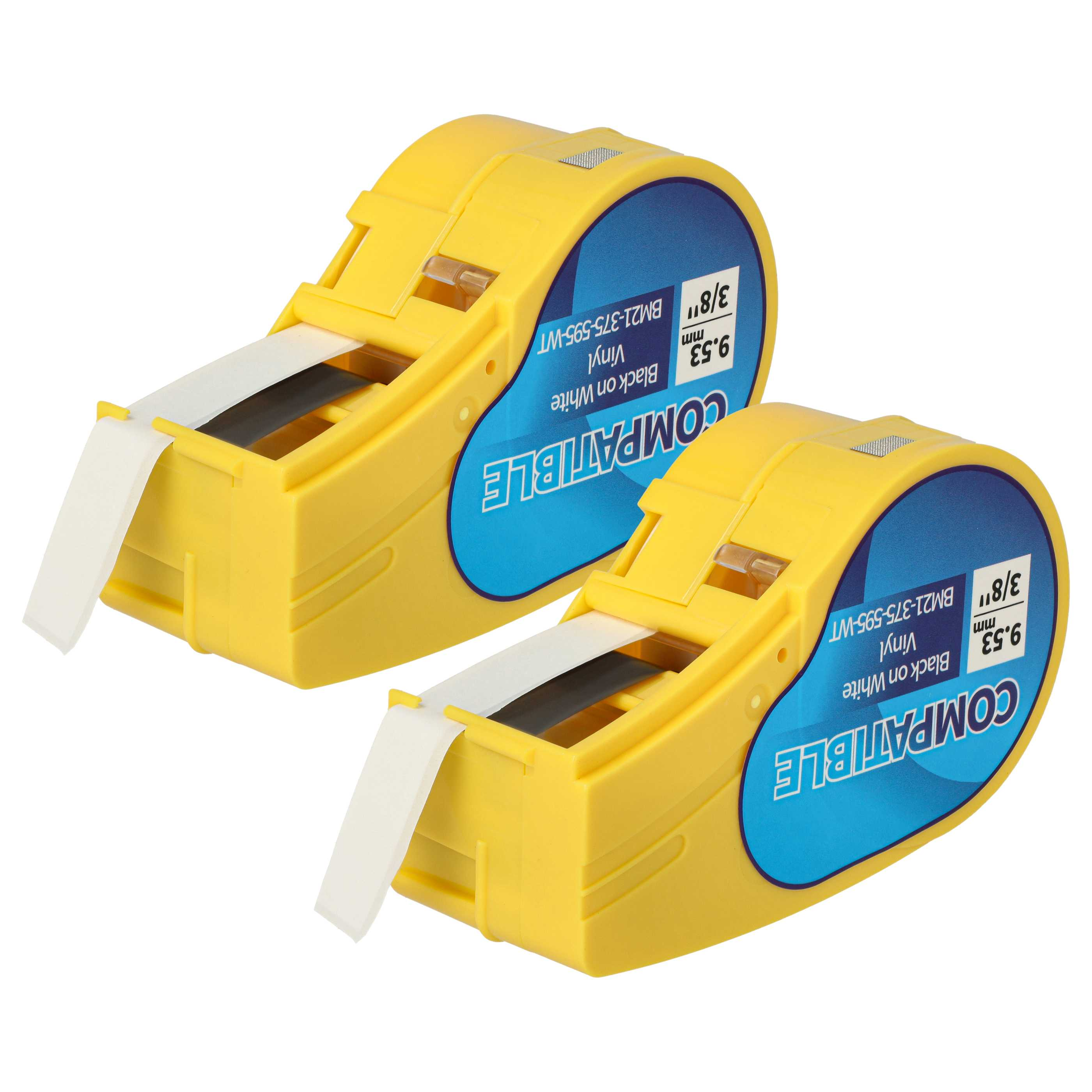 Zwei gelbe Etikettendrucker nebeneinander mit weißem Klebeband.
