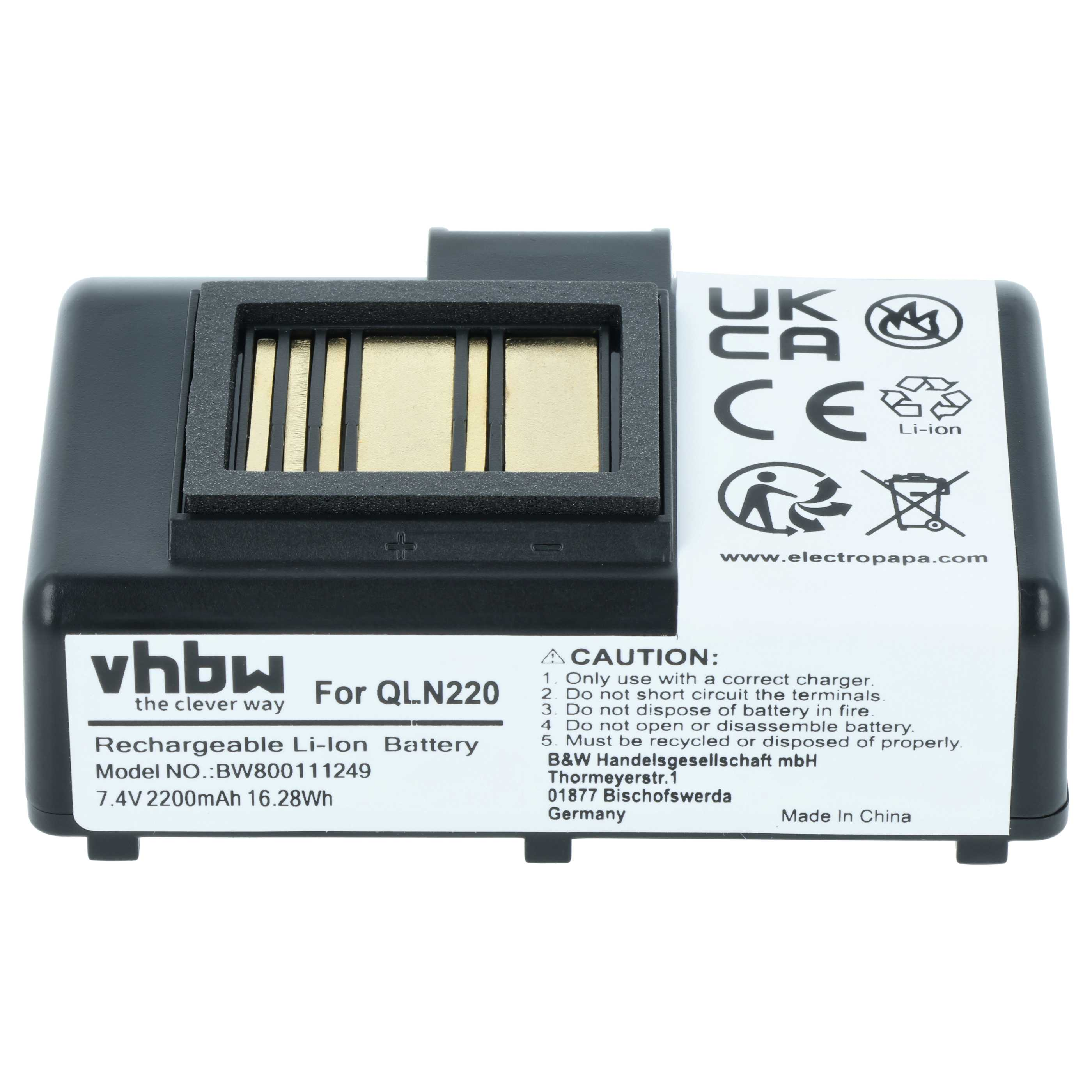 Schwarzer Li-Ion Akku für QLN220 mit Ladehinweisen und CE-Zeichen.