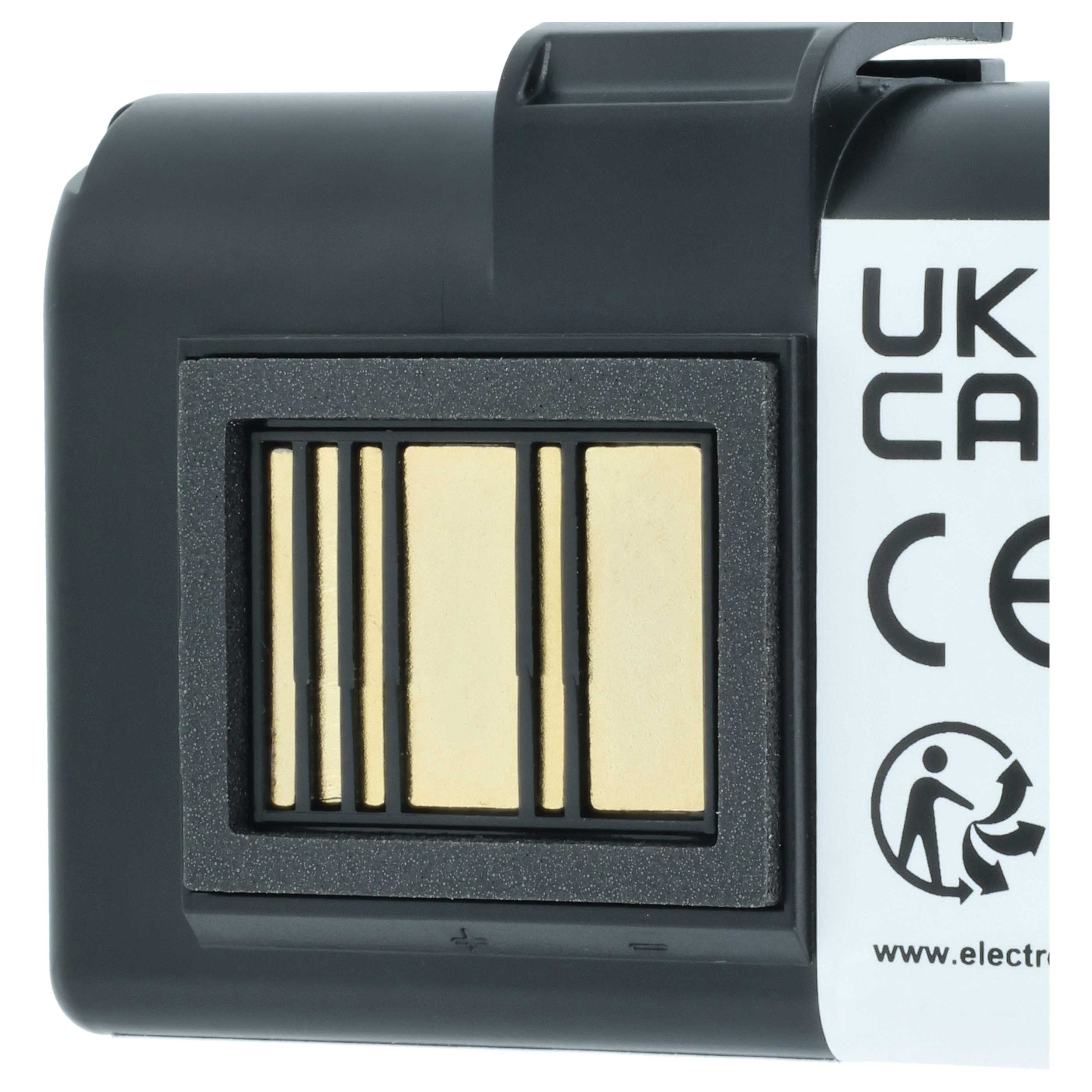 Schwarzer Akkupack mit goldenen Kontakten und UKCA, CE-Kennzeichnung.
