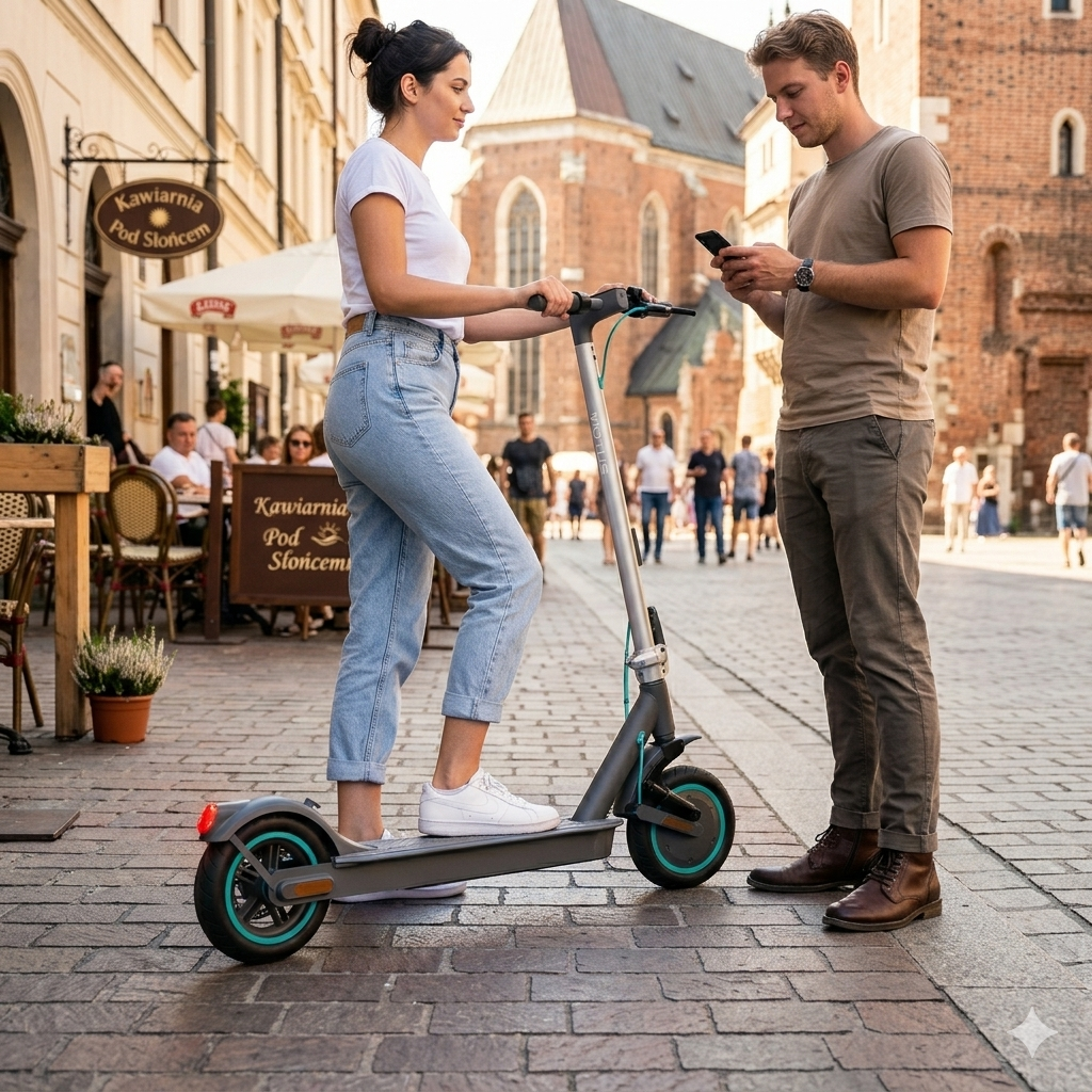 Mężczyzna i kobieta stoją na brukowanej ulicy obok hulajnogi elektrycznej.