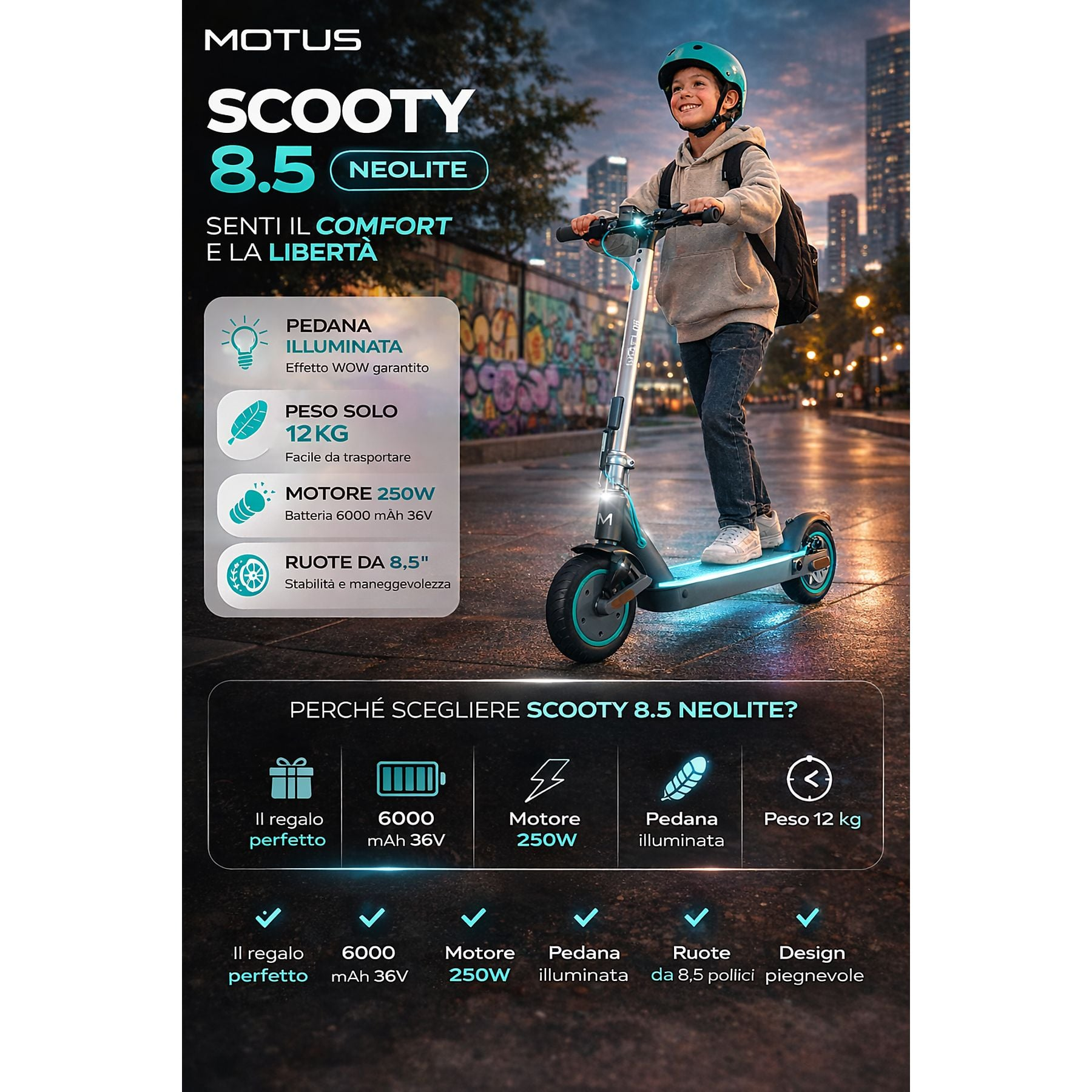 Junge fährt E-Scooter mit Beleuchtung. Werbung für Motus Scooty 8.5 Neolite.