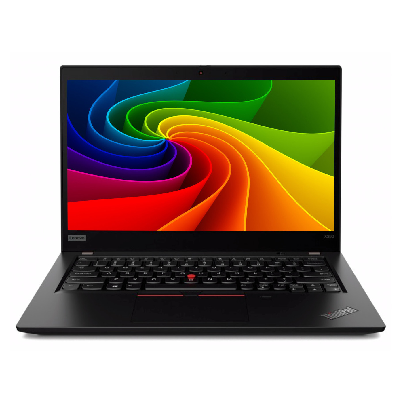 Ein schwarzer Lenovo ThinkPad X390 Laptop mit lebendiger Regenbogen-Wirbel-Tapete auf dem Bildschirm.