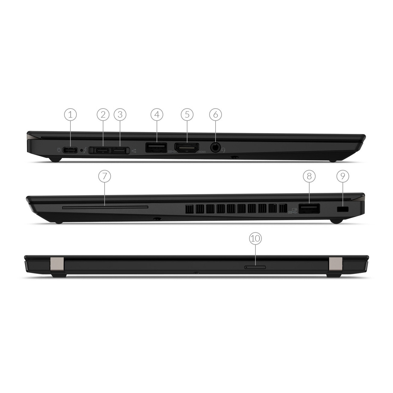 Drei Ansichten eines schwarzen Laptops mit markierten Anschlüssen und Lüftungsschlitzen.