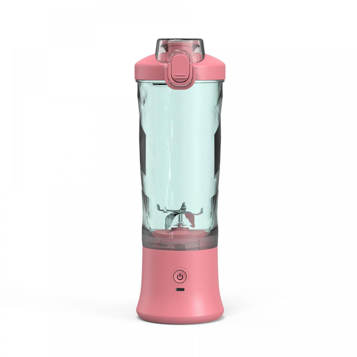 Ein pinker und klarer tragbarer Mixer mit Klappdeckel und sichtbaren Klingen.