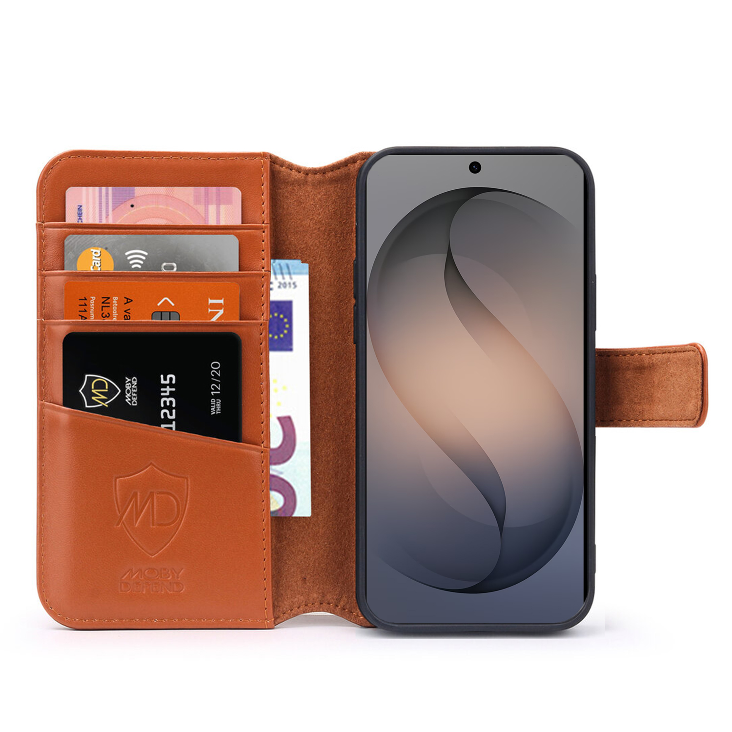 Braune Leder-Wallet-Hülle geöffnet, zeigt Karten, Bargeld und Handy.