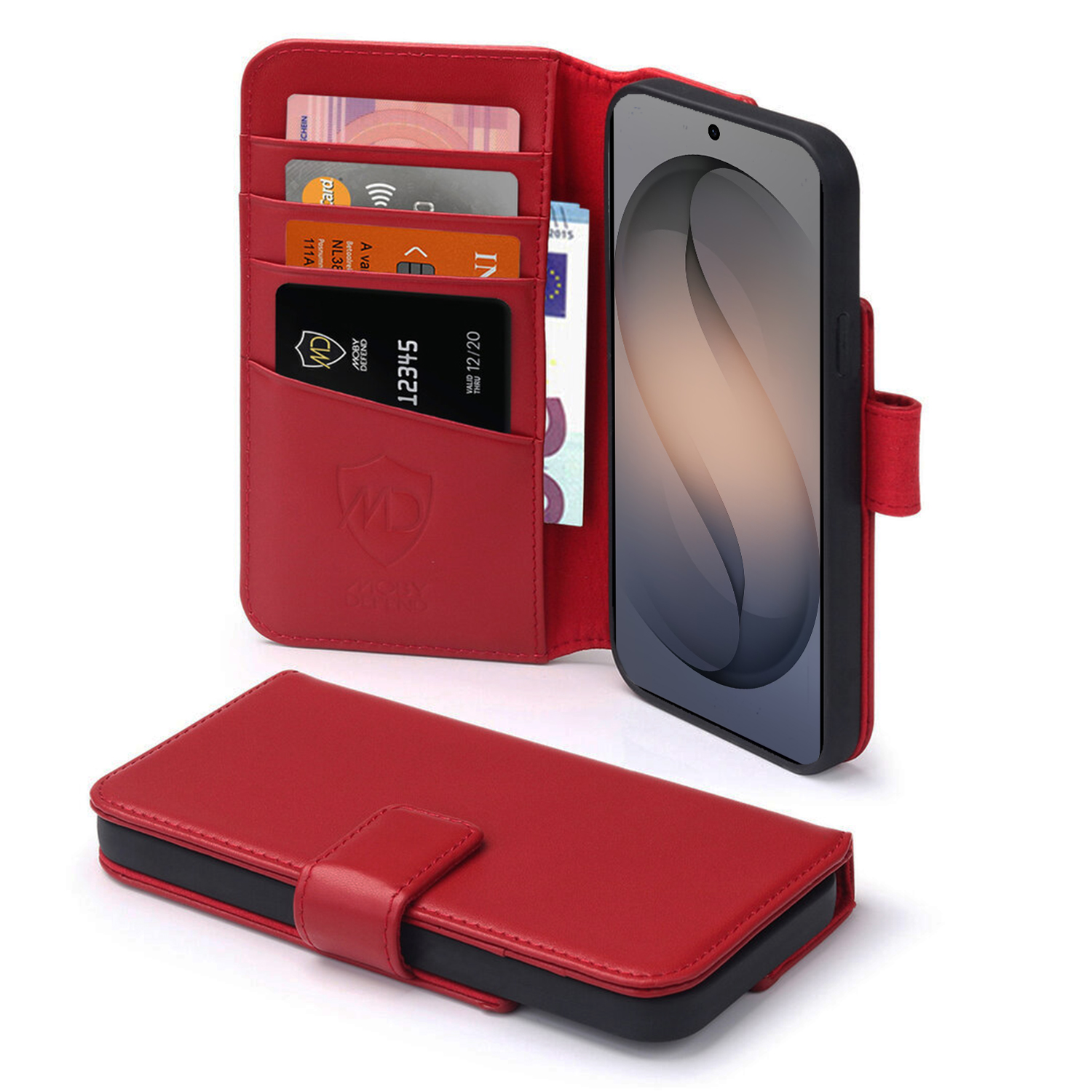 Rote Leder-Handyhülle mit Kartenfächern und einem Smartphone.