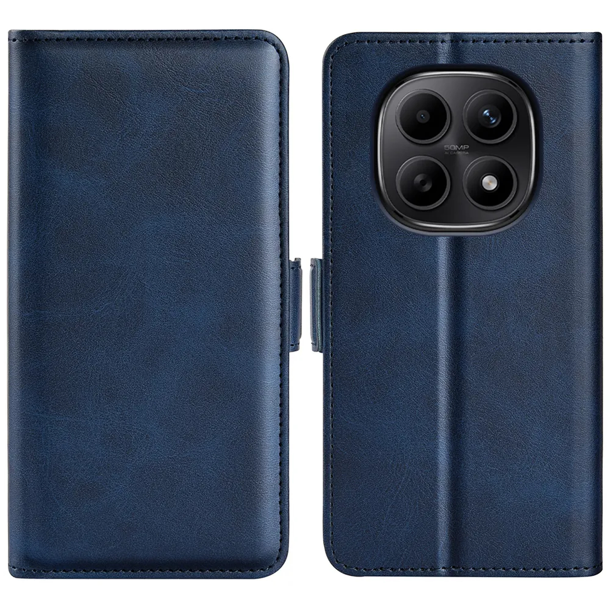 Un étui de téléphone à rabat en cuir bleu avec un système à quatre caméras à droite.