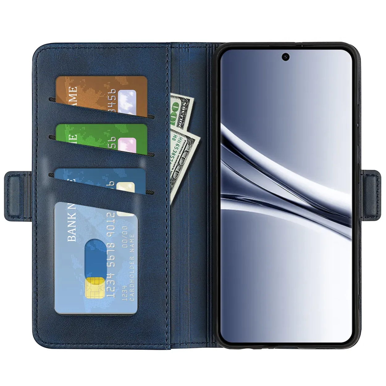 Un portefeuille bleu avec des fentes pour cartes et de l'argent, à côté d'un smartphone.