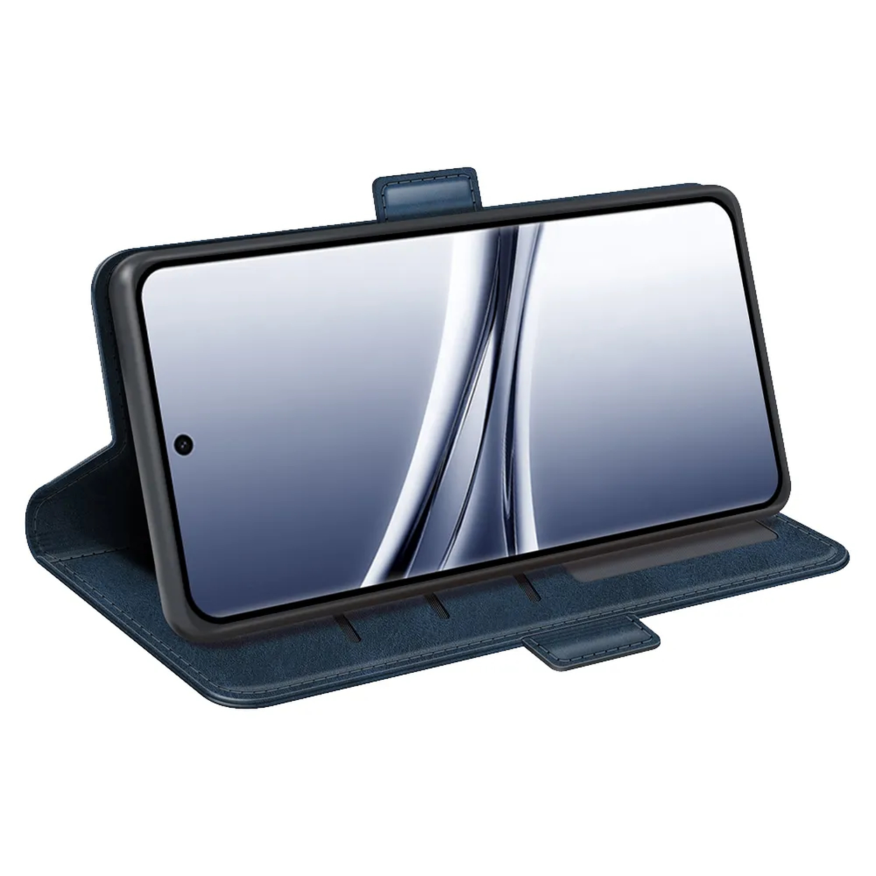 Étui de téléphone à rabat bleu foncé avec un smartphone affiché.