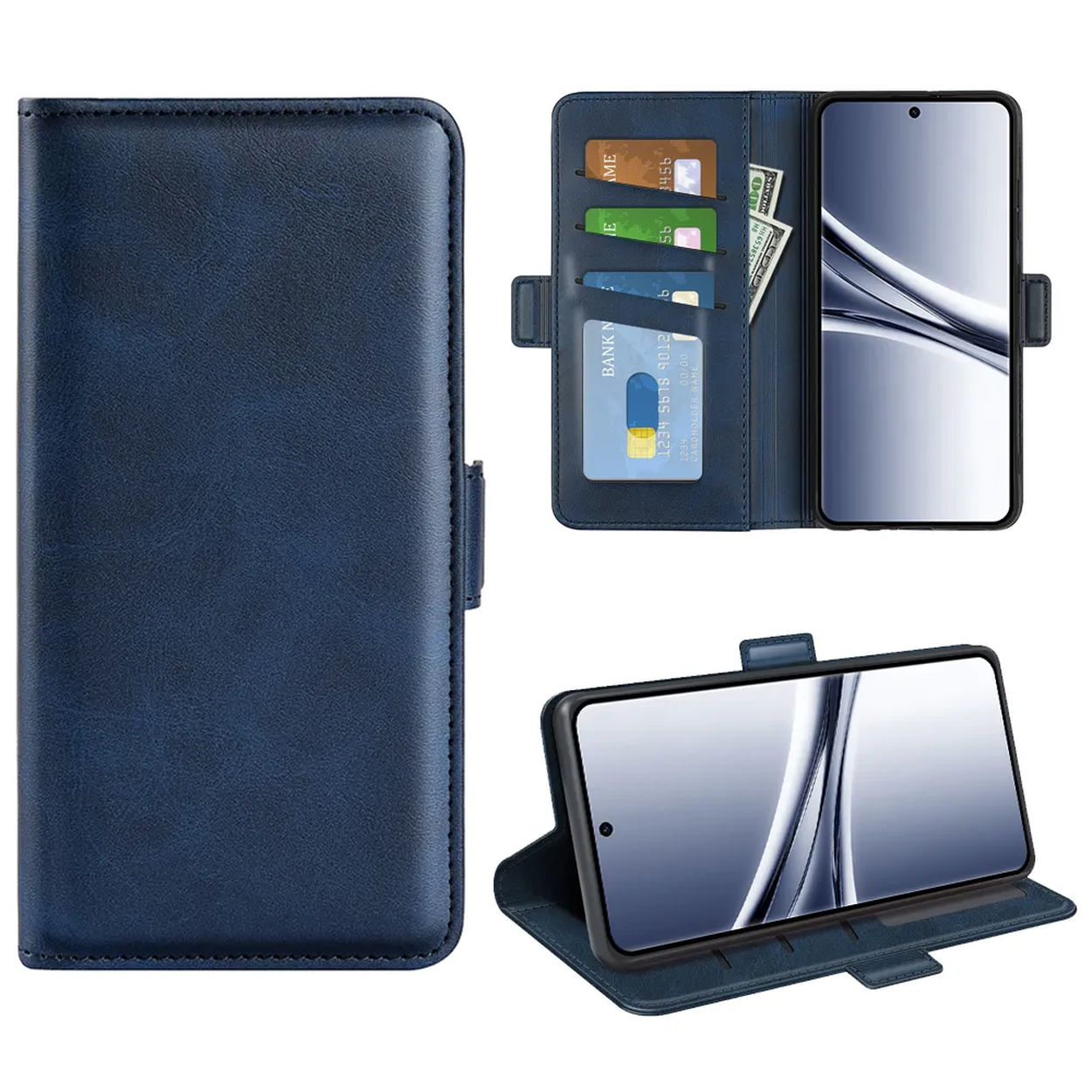 Étui de téléphone bleu foncé avec fentes pour cartes et poche à billets, ouvert.