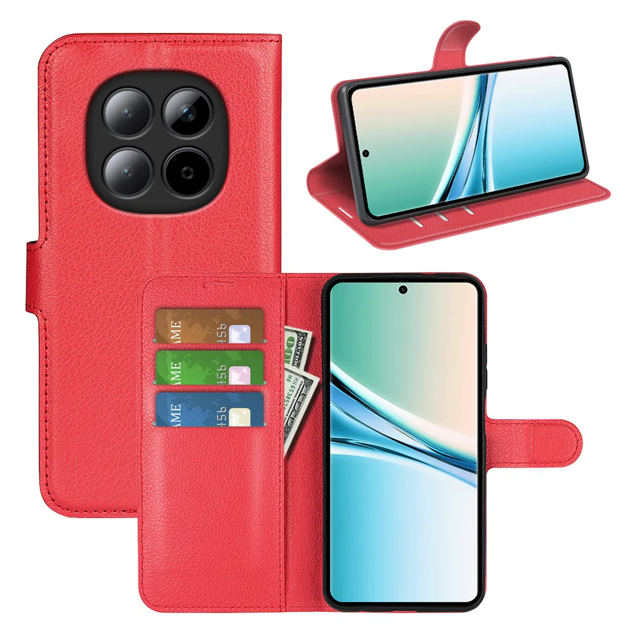 Rode leren flipcase met kaarthouders, geldvak en telefoon.