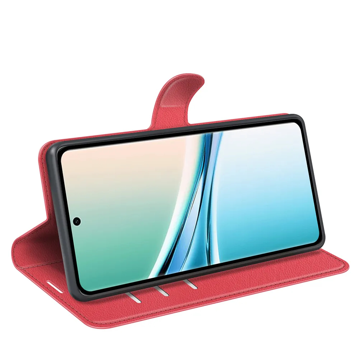 Rode smartphone flipcase met open display tegen witte achtergrond.