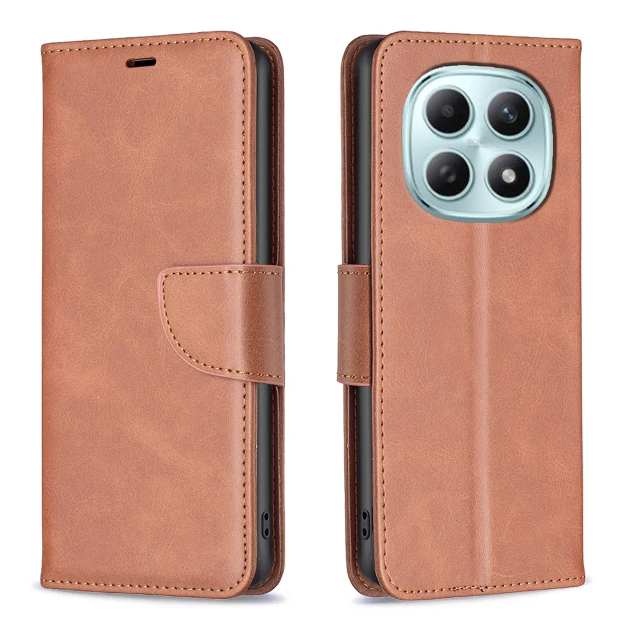 Étui de téléphone en cuir marron avec bosse de caméra et fermeture.
