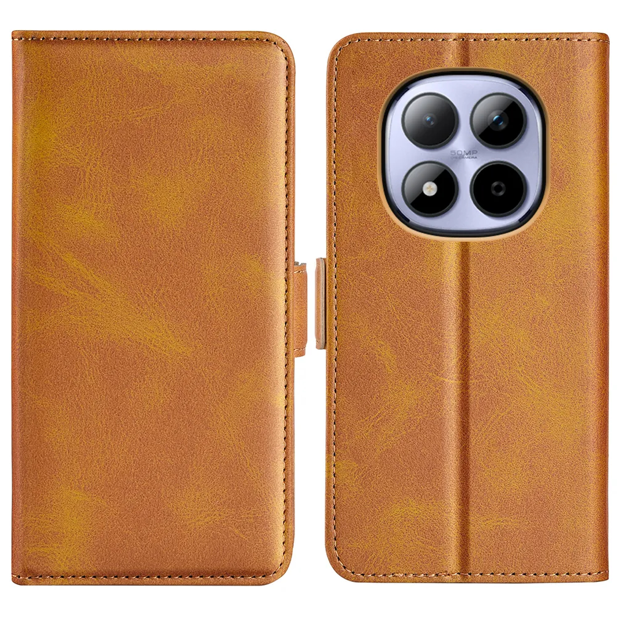 Étui de téléphone en cuir marron, ouvert, avec découpe caméra.
