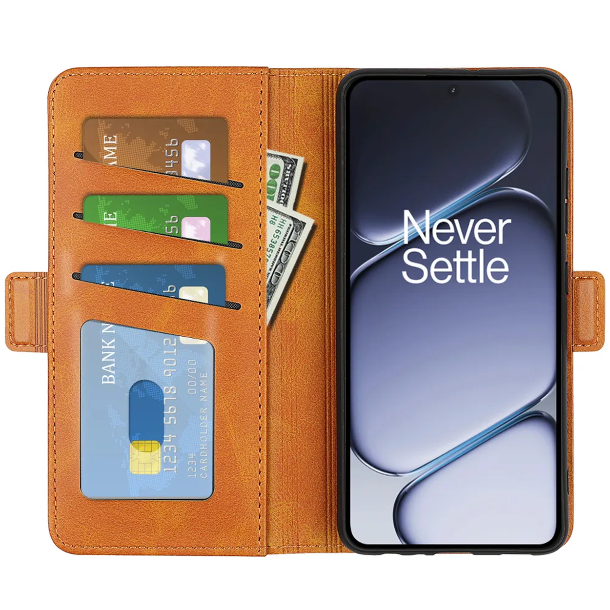 Un portefeuille marron avec fentes pour cartes, argent et un smartphone affichant 'Never Settle'.