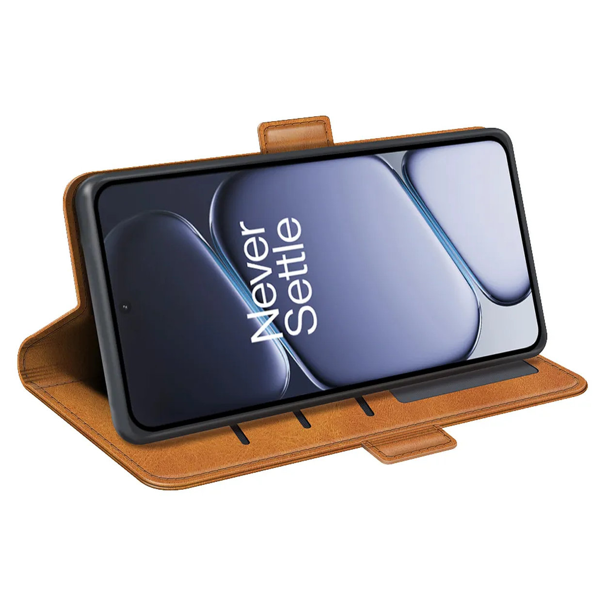 Un étui à rabat en cuir marron pour smartphone est ouvert.