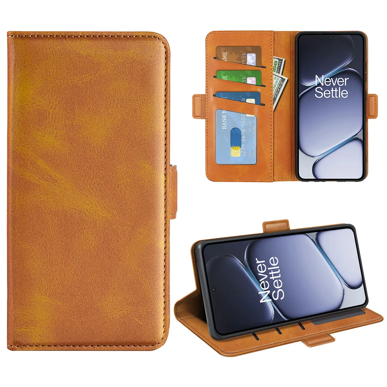Étui portefeuille en cuir marron pour téléphone, avec fentes pour cartes et téléphone.