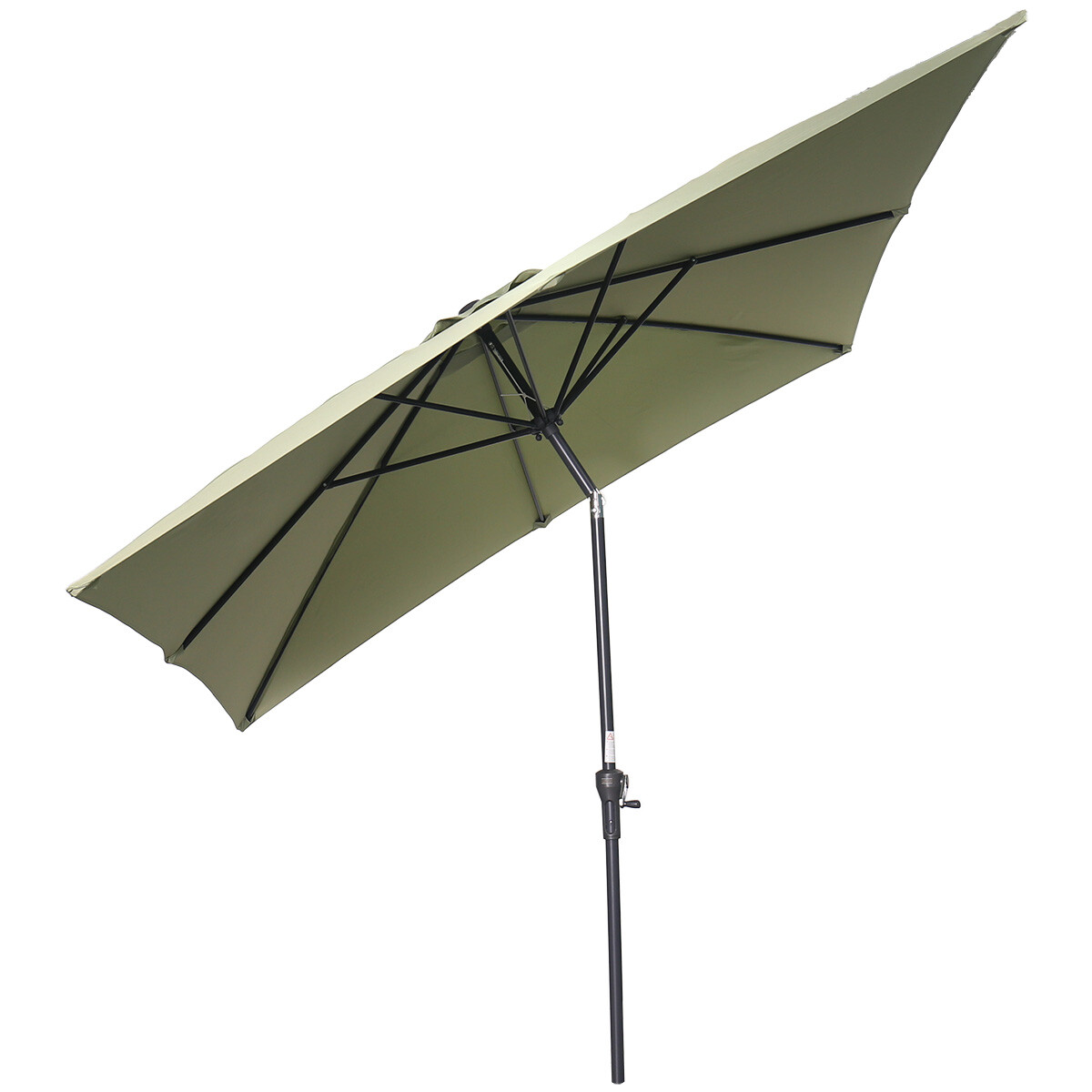 Een rechthoekige, olijfgroene parasol met zwart frame en paal.