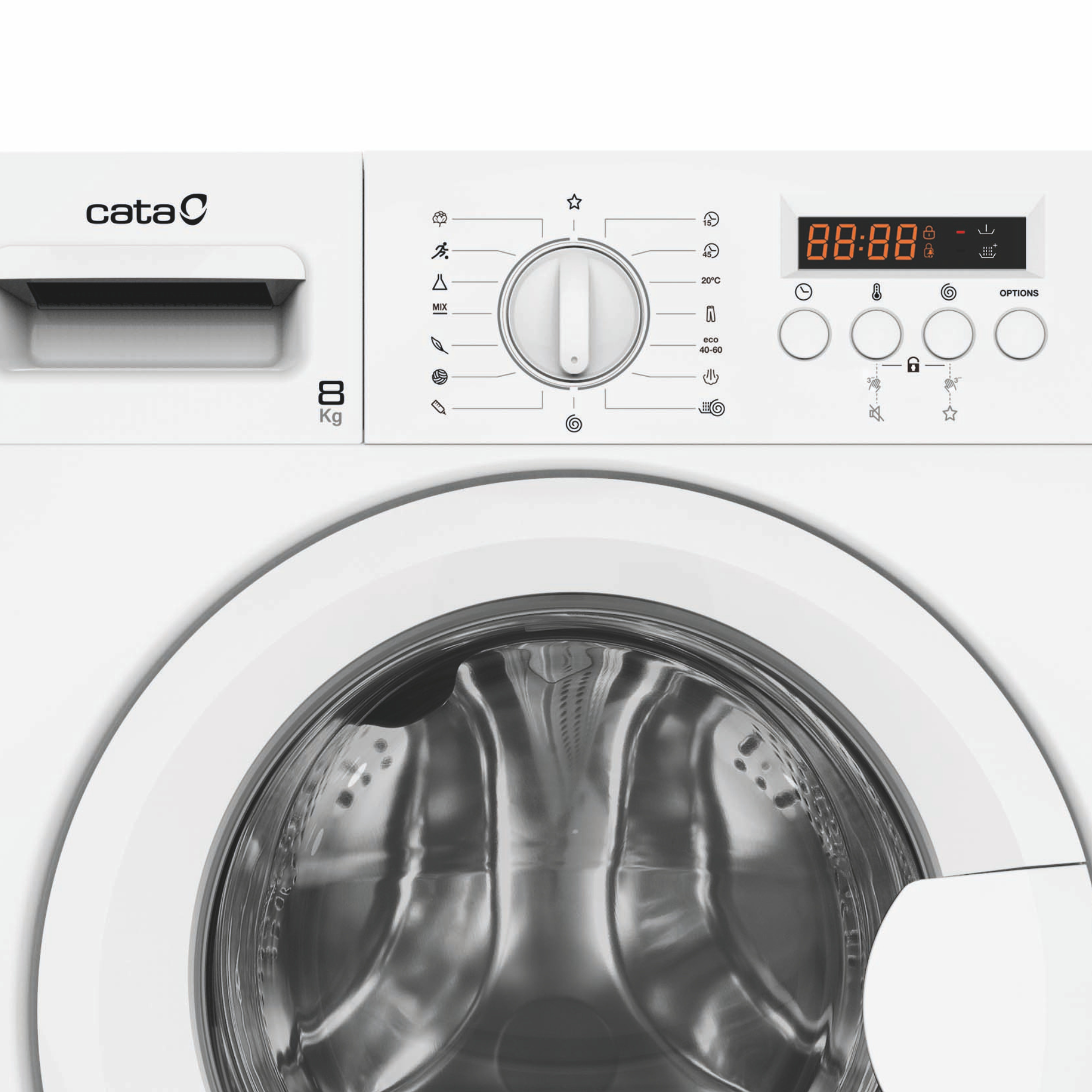 Lavadora blanca Cata con capacidad de 8 kg, pantalla digital y dial de control.