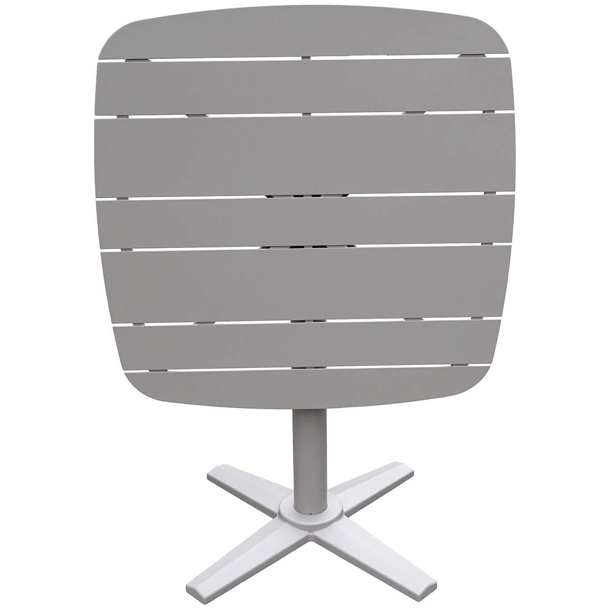 Grijze tafel met lamellenblad en witte stervoet.