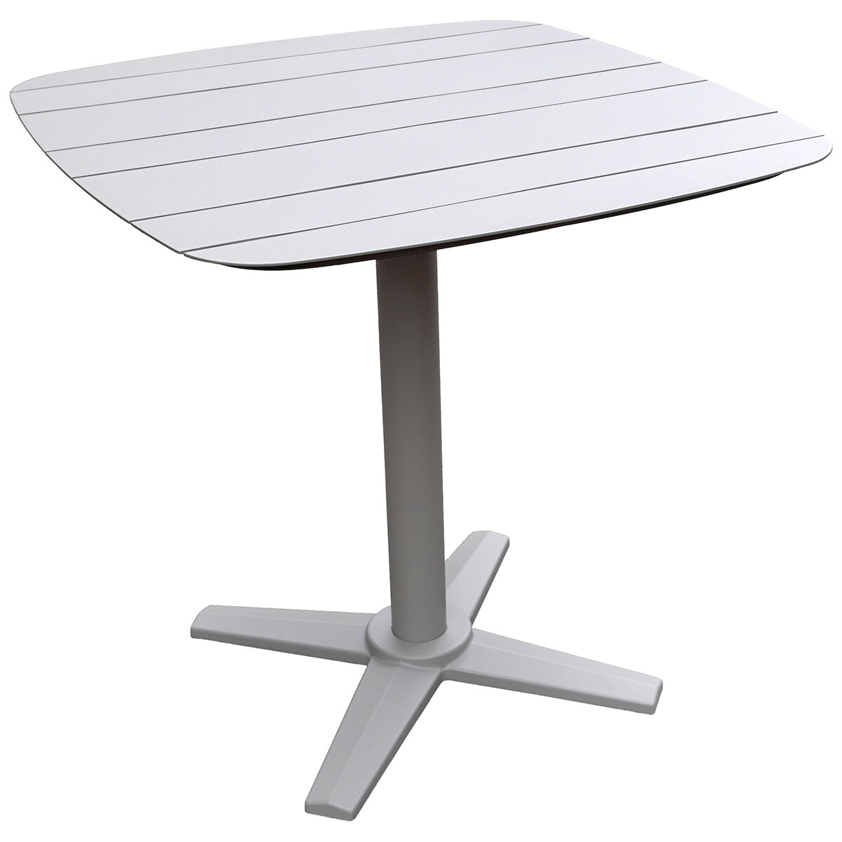 Witte tafel met lamellenblad, ronde voet en vierarmige basis.