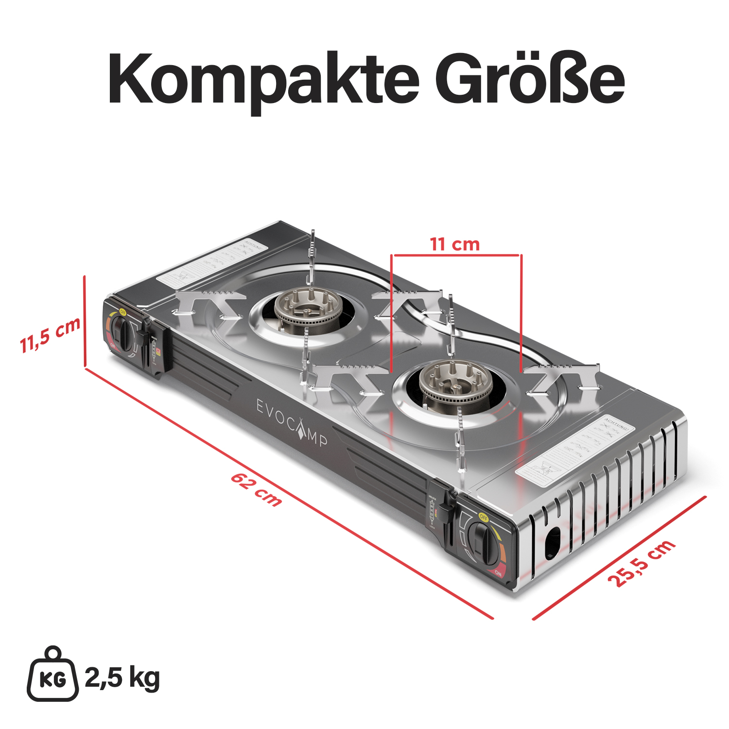 Kompakter Campingkocher mit Maßen 62x25,5x11,5 cm und 2,5 kg Gewicht.