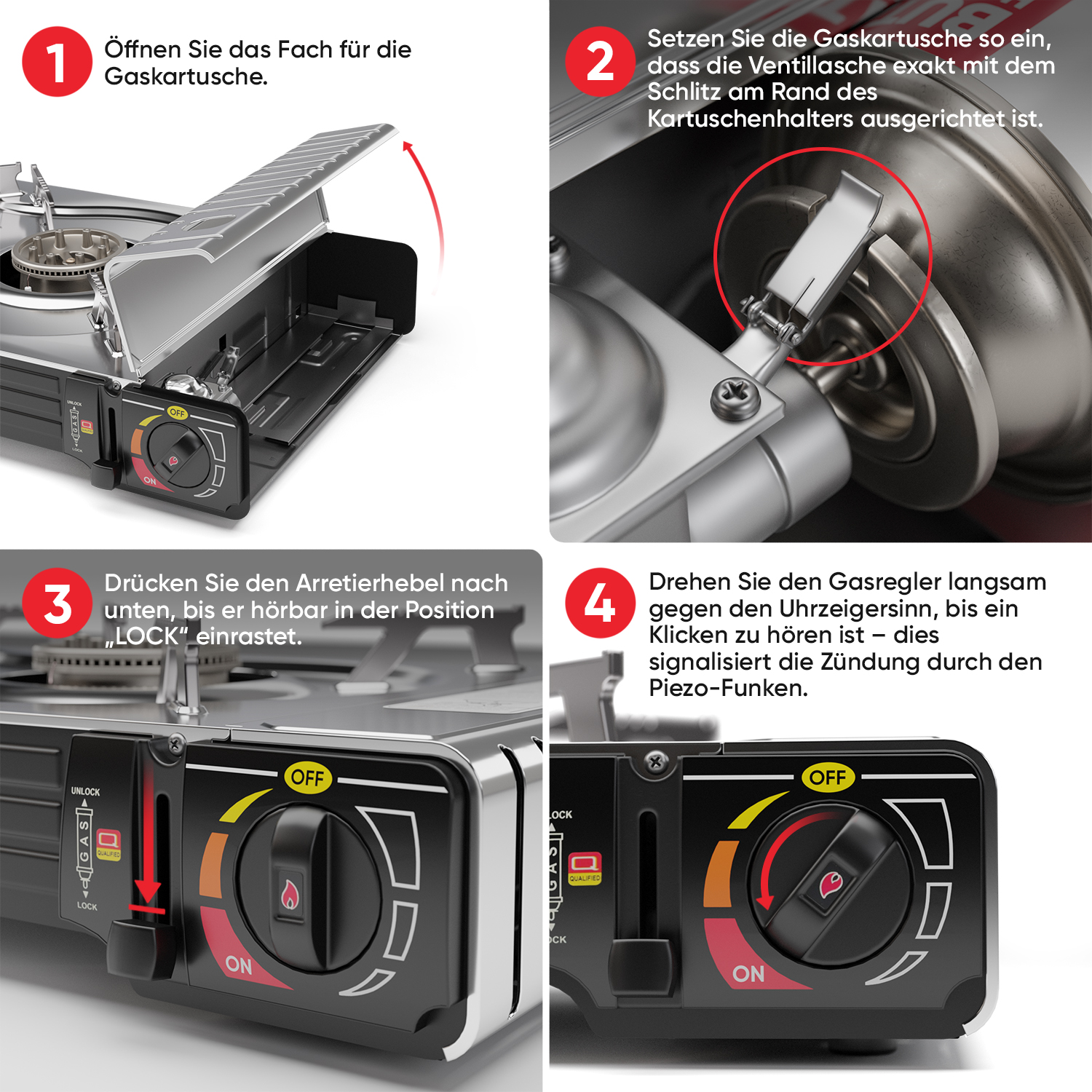 Schritt 1: Gaskartuschenfach öffnen. Schritt 2: Gaskartusche einsetzen. Schritt 3: Verriegelungshebel sichern. Schritt 4: Gasregler drehen.