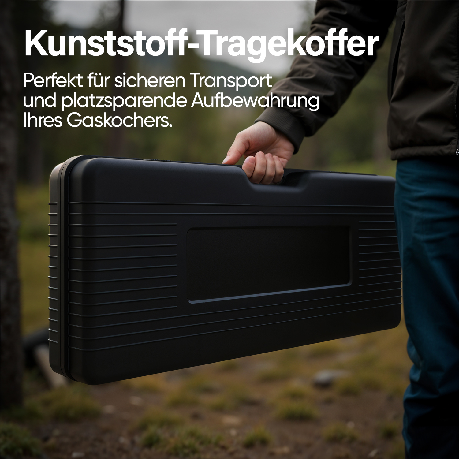 Eine schwarze Kunststoffbox wird im Freien getragen. Text auf Deutsch.