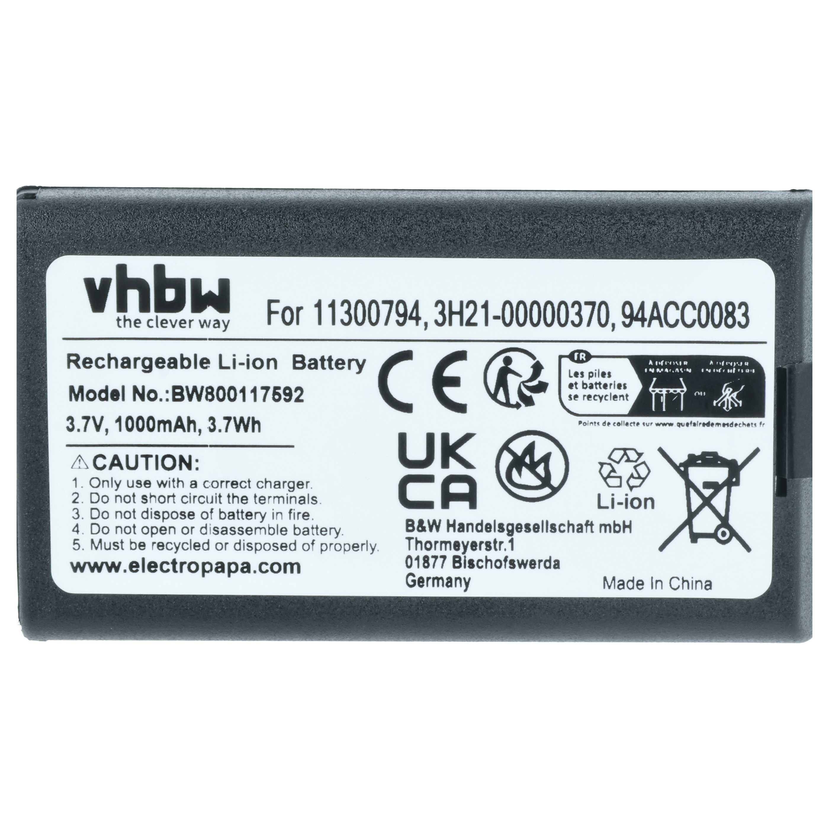 Schwarzer Li-Ion Akku mit weißem Etikett, Modell BW800117592, 3,7V, 1000mAh.