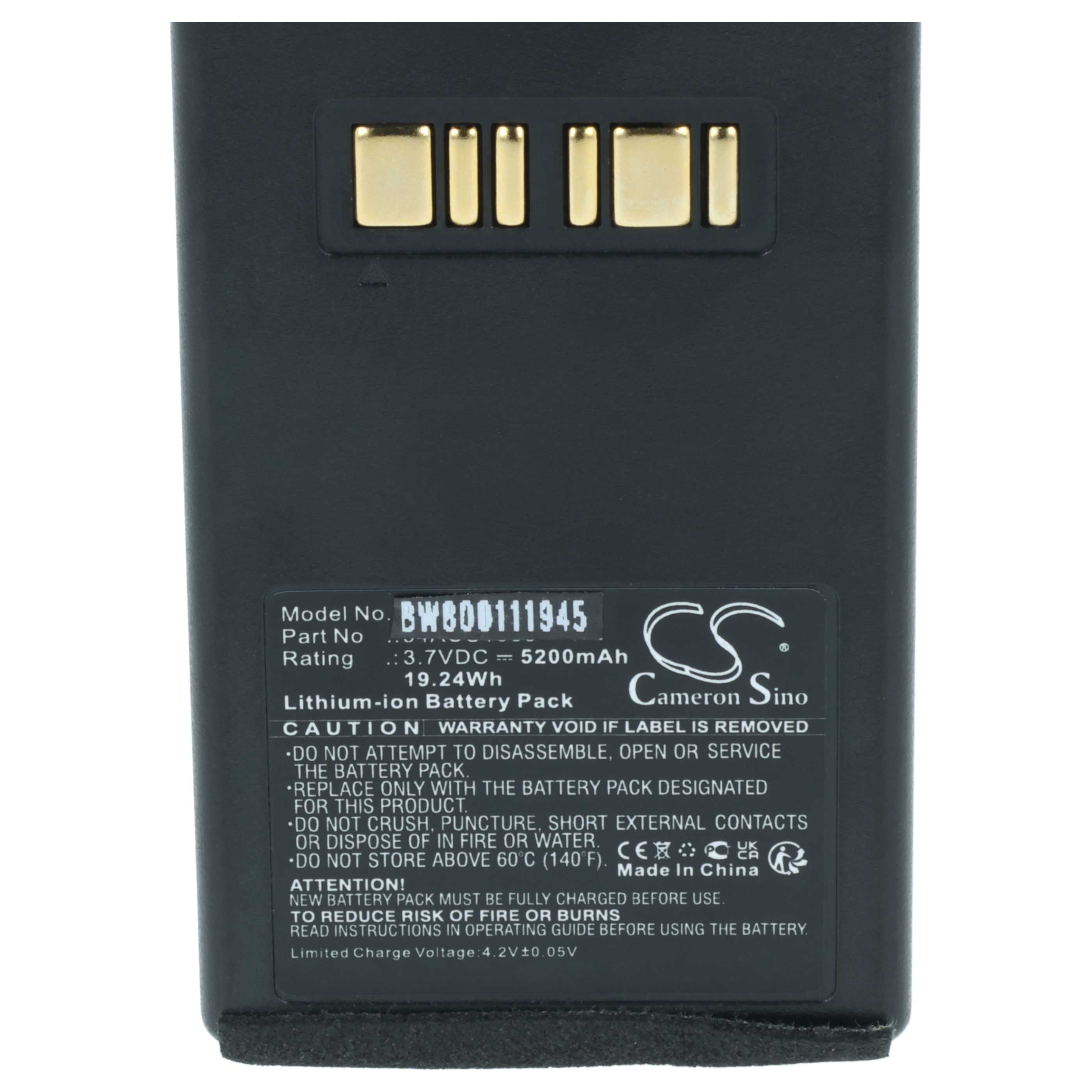 Schwarzer Lithium-Ionen-Akku mit goldenen Kontakten und Beschriftung.