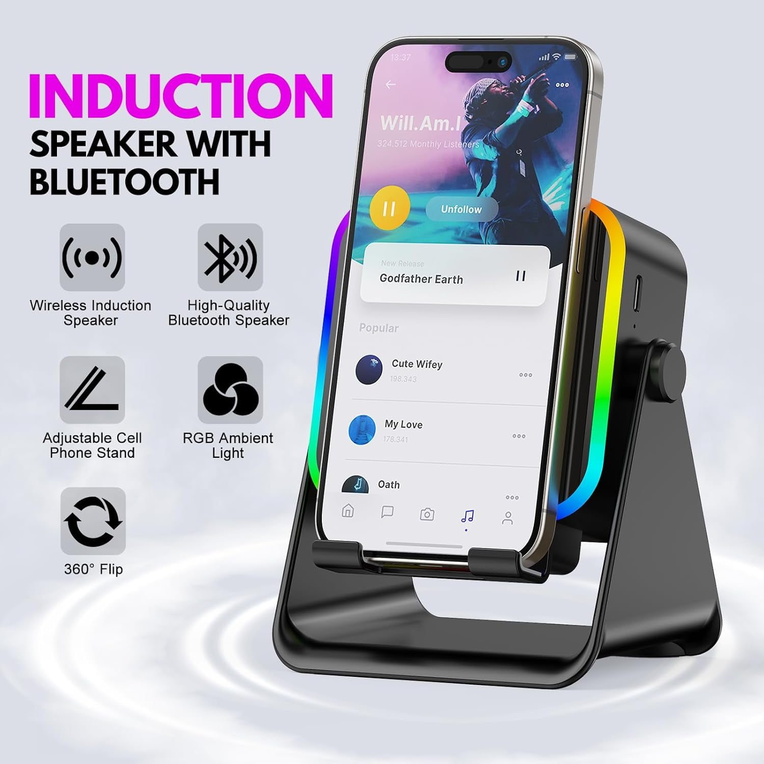 Schwarzer Lautsprecherständer hält ein Handy mit Musik-App und Regenbogen-LEDs.