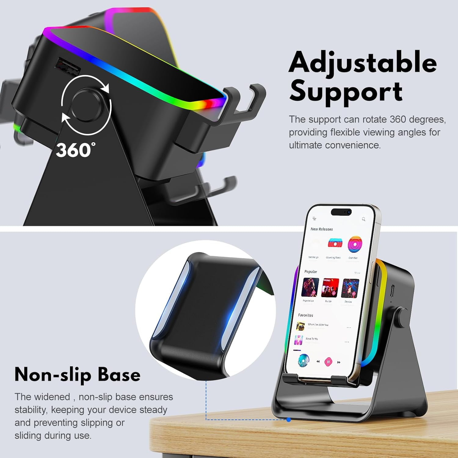 Verstellbare Halterung mit RGB-Beleuchtung und Smartphone-Display.