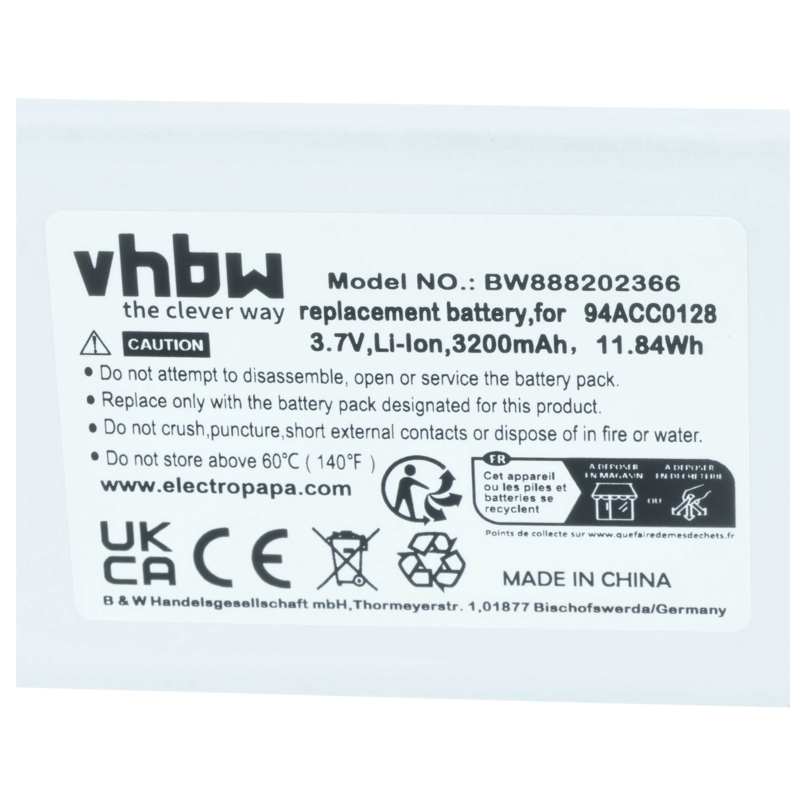 Etikett mit VHBW-Logo, Akku-Infos, Warnhinweisen und Recycling-Symbolen.