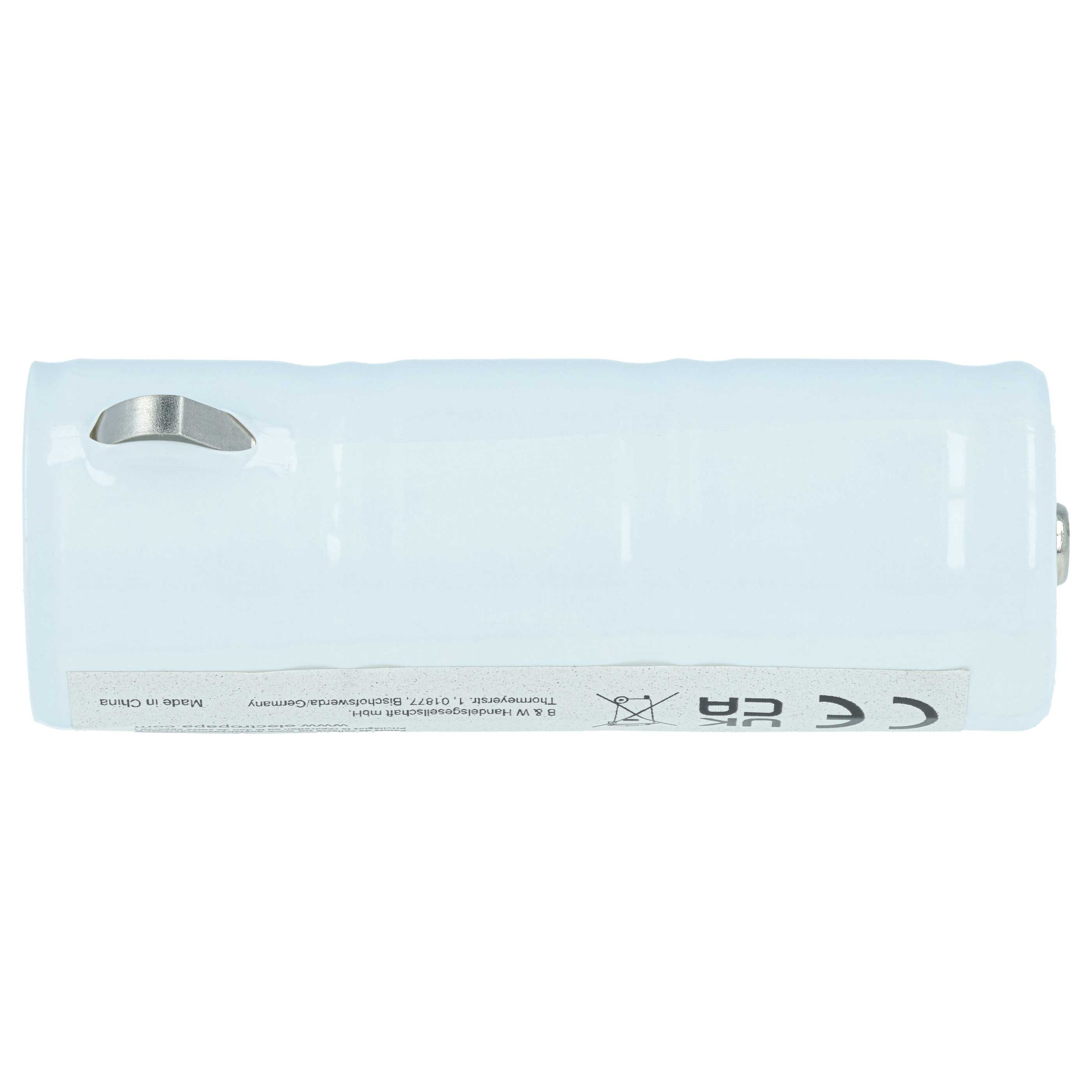 Eine weiße Batterie mit Metallkontakt und CE- und CA-Symbolen.