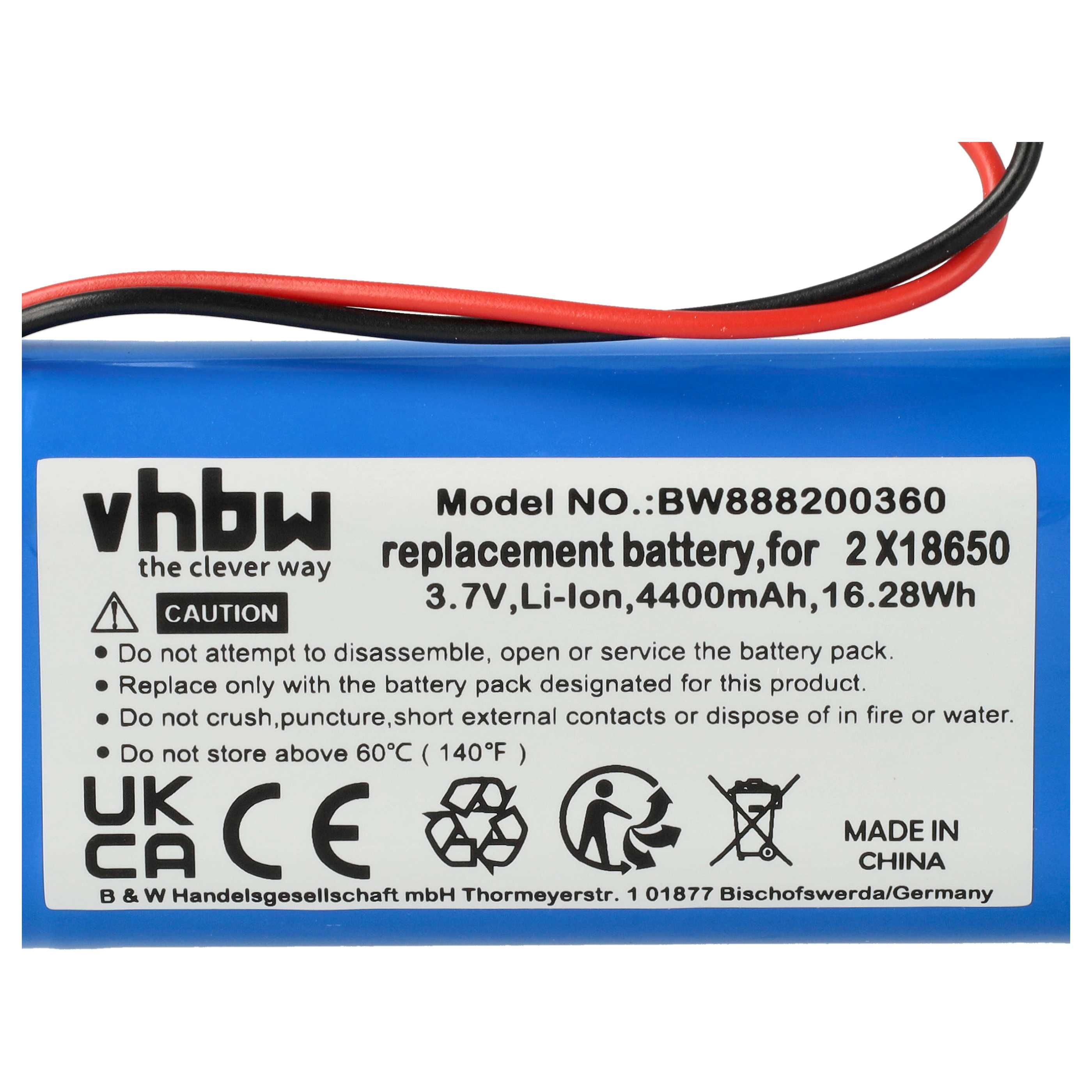 Blaue Ersatzbatterie 3.7V, 4400mAh mit schwarzen und roten Kabeln.