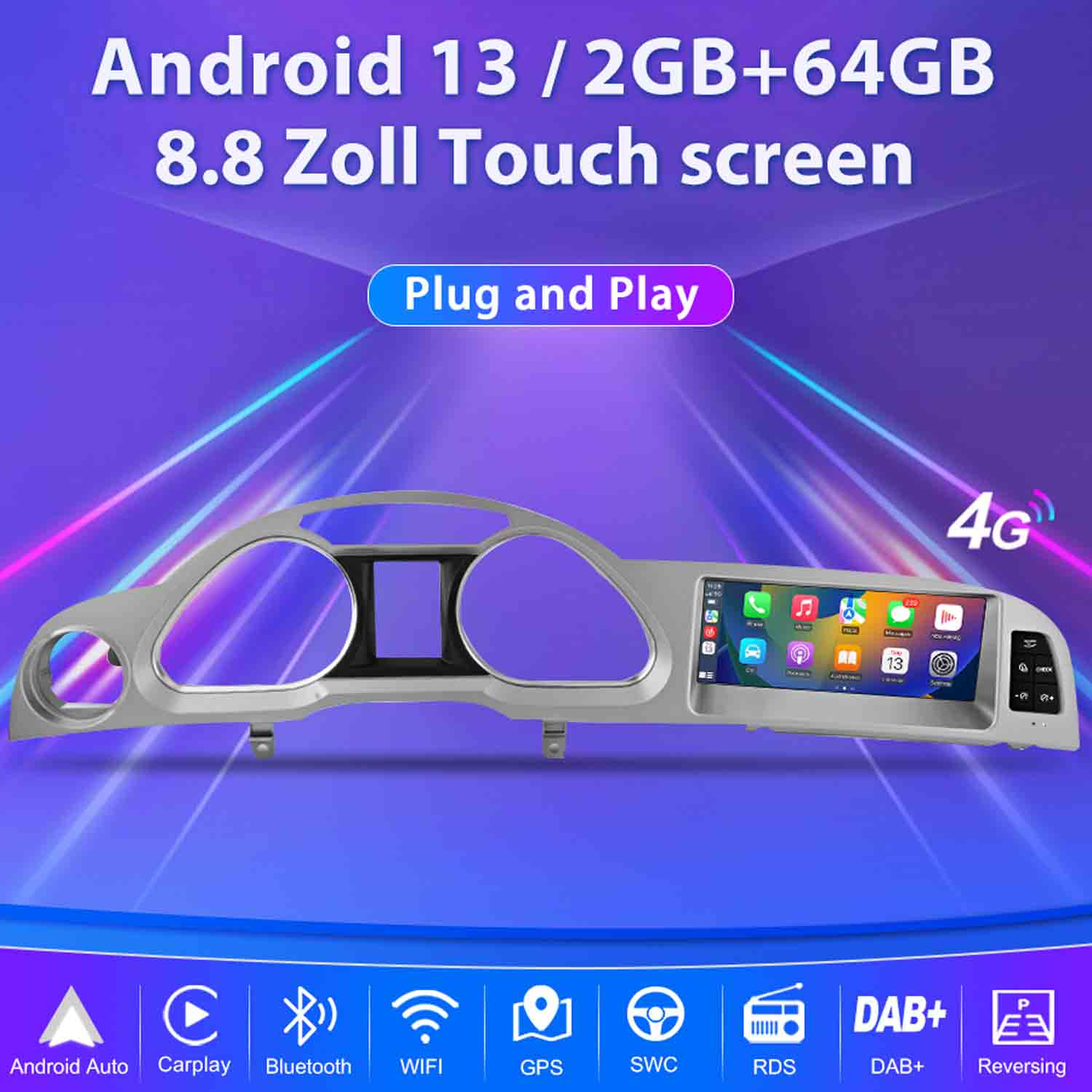 Android 13 Autoradio mit 8,8-Zoll-Touchscreen, 2GB+64GB, Plug and Play.