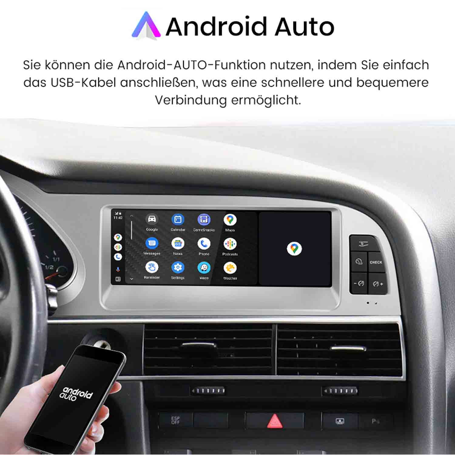 Ein Smartphone mit Android Auto wird an ein Auto-Infotainmentsystem angeschlossen.