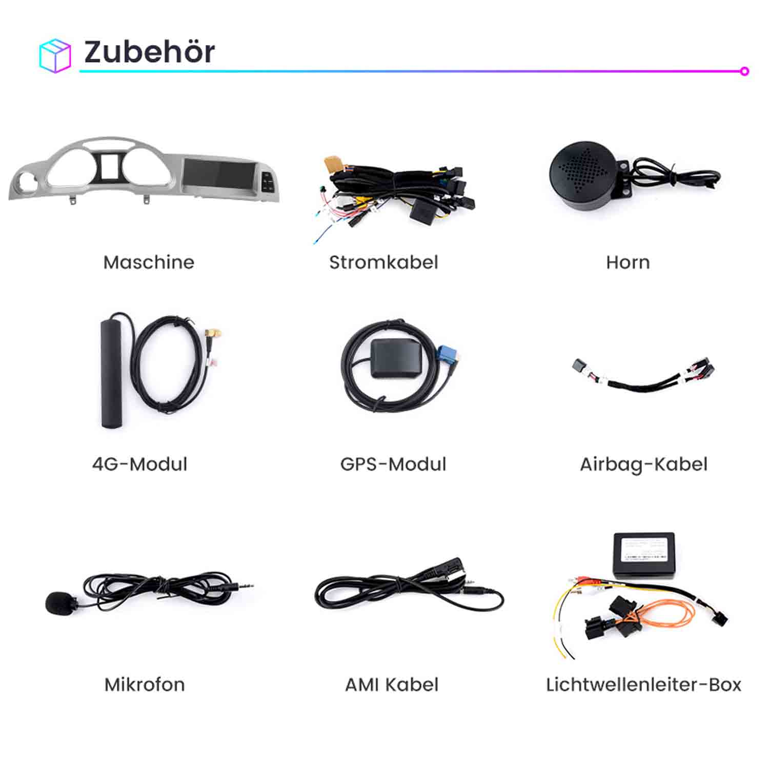 Zubehör: Armaturenbrett, Kabel, Horn, 4G, GPS, Airbag, Mikrofon, AMI, Glasfaserbox.